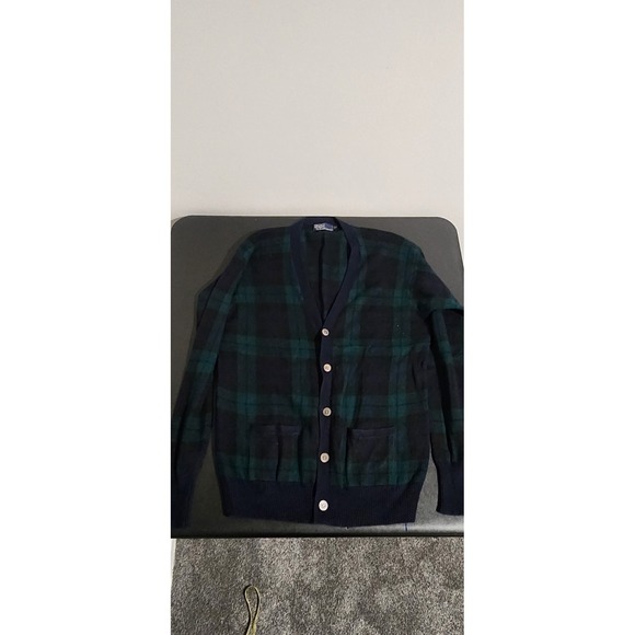 Vintage Polo Ralph Lauren 100% Cashmere Black Watch Plaid Cardigan Sweater 44